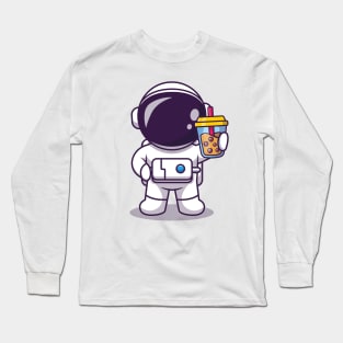 Cute Astronaut Holding Boba Milk Tea Cartoon Long Sleeve T-Shirt